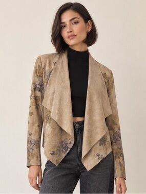 KUT from the Kloth Floral Faux Suede Waterfall Drape Front Jacket XS